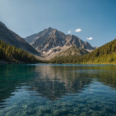 Fototapeta premium A mountain lake perfect for kayaking under a clear sky.