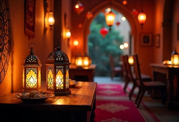 Fototapeta premium Warmly Lit Middle Eastern Interior with Lanterns