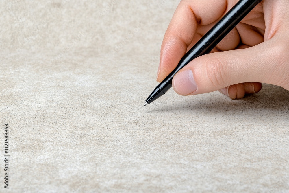 Poster A hyper-realistic close-up of a designer hand sketching on a textured paper with a fine-tip pen, capturing intricate shading and lighting details
