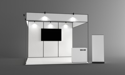 Blank white trade exhibition booth system stand. Trade show booth white and blank. Blank indoor exhibition with work paths