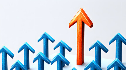 Orange arrow standing out among blue arrows