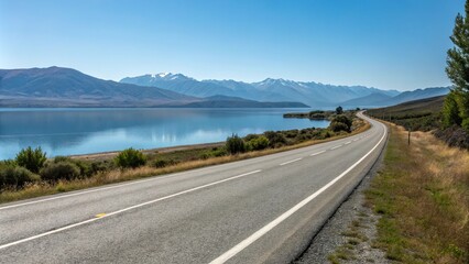 A peaceful scene of an empty asphalt road running alongside a lake or ocean with mountains visible in the distance under a clear blue sky, ocean, empty highway, calmness, asphalt road