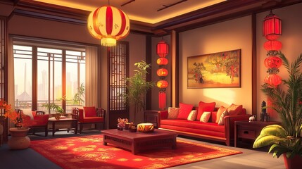 Interior of modern room decorated for Chinese New Year celebration.