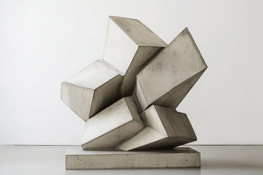 A stark brutalist sculpture composed of angular concrete shapes, set against a minimalist backdrop. This piece captures the essence of brutalism art, design, and architecture, emphasizing the raw, unr