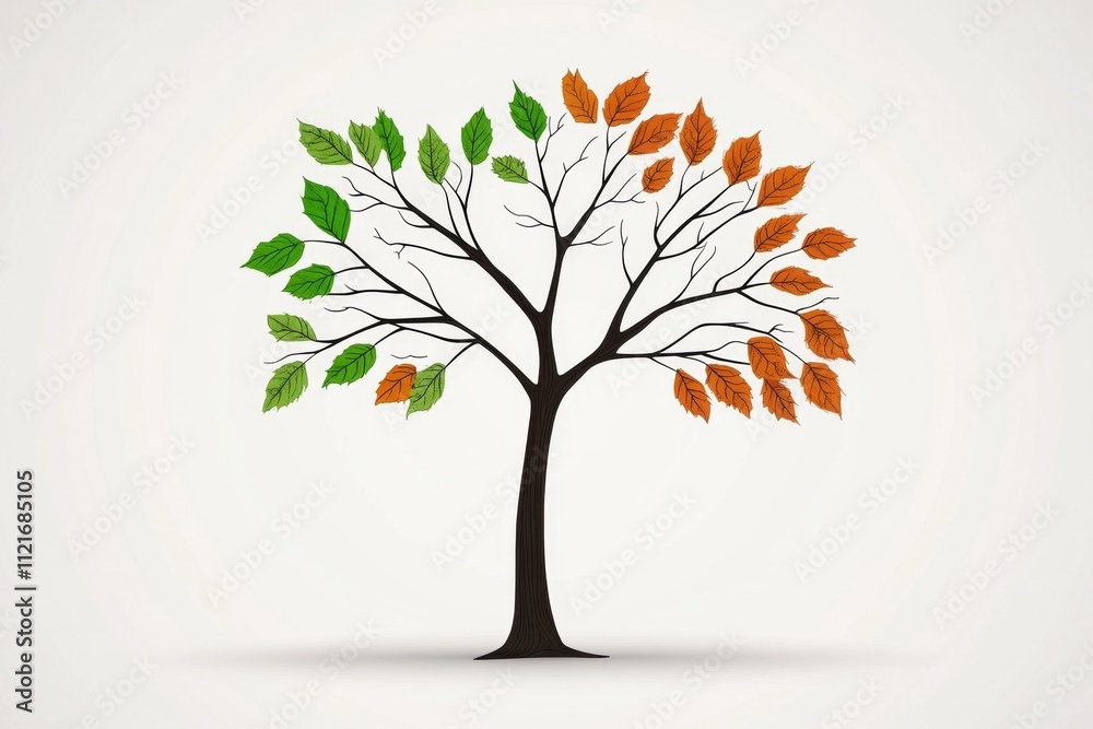 Poster a minimalist depiction of a tree with leaves turning from green to brown, showing the seasonal cycle