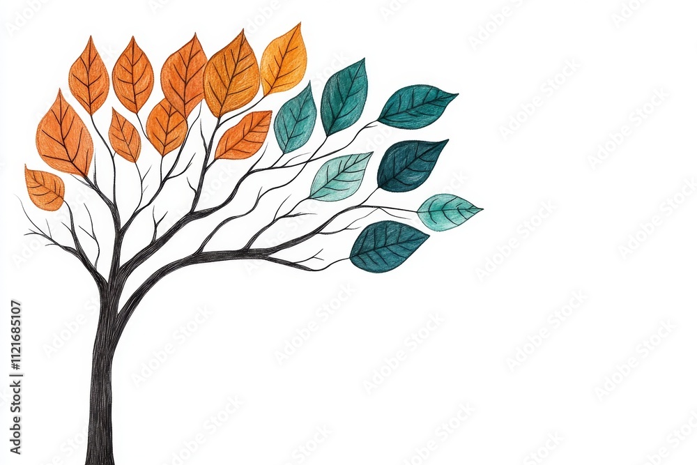 Poster a minimalist depiction of a tree with leaves turning from green to brown, showing the seasonal cycle