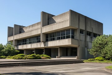 A striking brutalist university building with massive concrete forms and clean, unadorned surfaces.Raw concrete.Brutalist architecture.Brutalism art.Brutalist design.