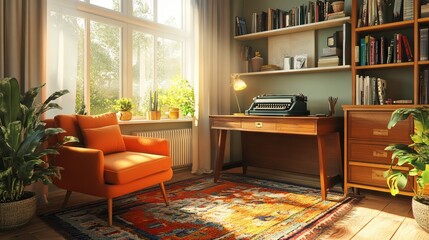Retro-inspired home office with a typewriter and Scandinavian design. AI generated illustration