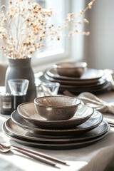 Minimalist table setting with speckled ceramic plates, bowls, and dried flowers in a vase, creating a serene and rustic dining atmosphere