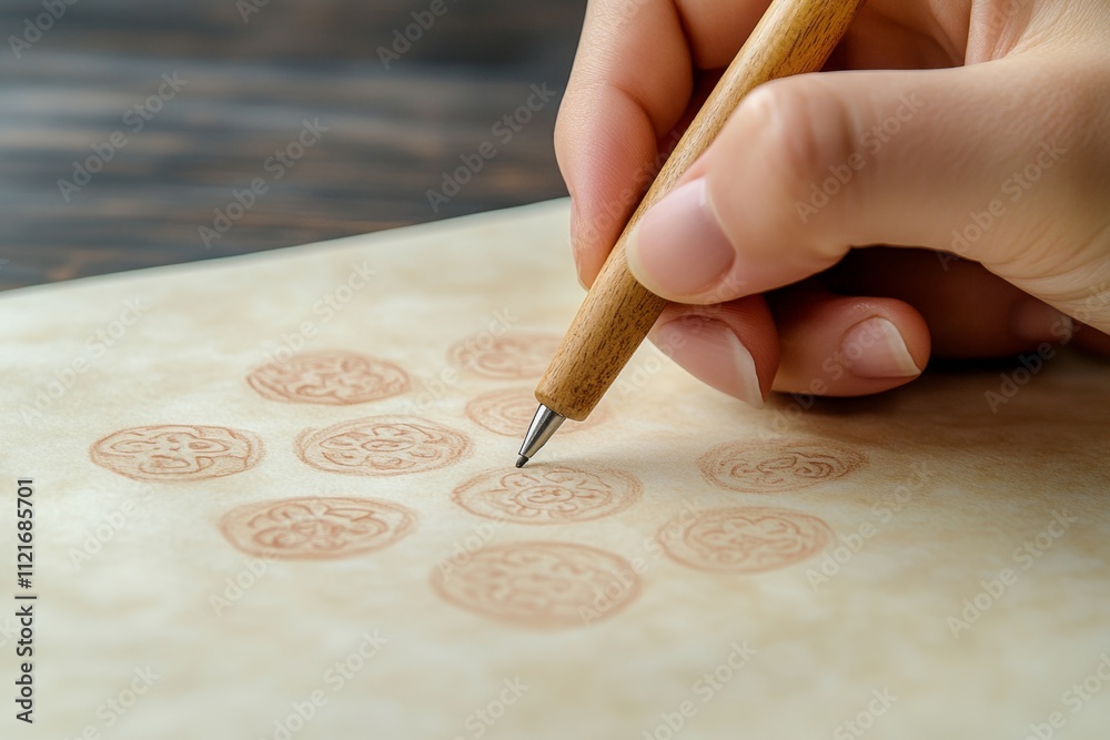 Poster a moody depiction of a designer drafting dark, intricate patterns on parchment, surrounded by shadow