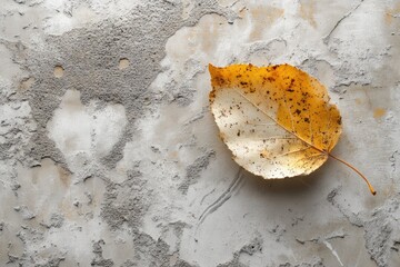 A single, dried, yellow leaf rests on a textured, gray concrete surface.
