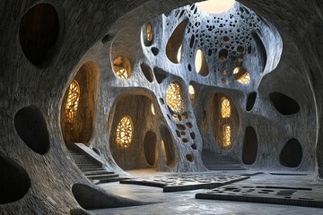 A surreal interpretation of brutalist art, featuring towering, monolithic structures made of raw concrete, adorned with intricate patterns and abstract designs. These bold, geometric forms blend the s