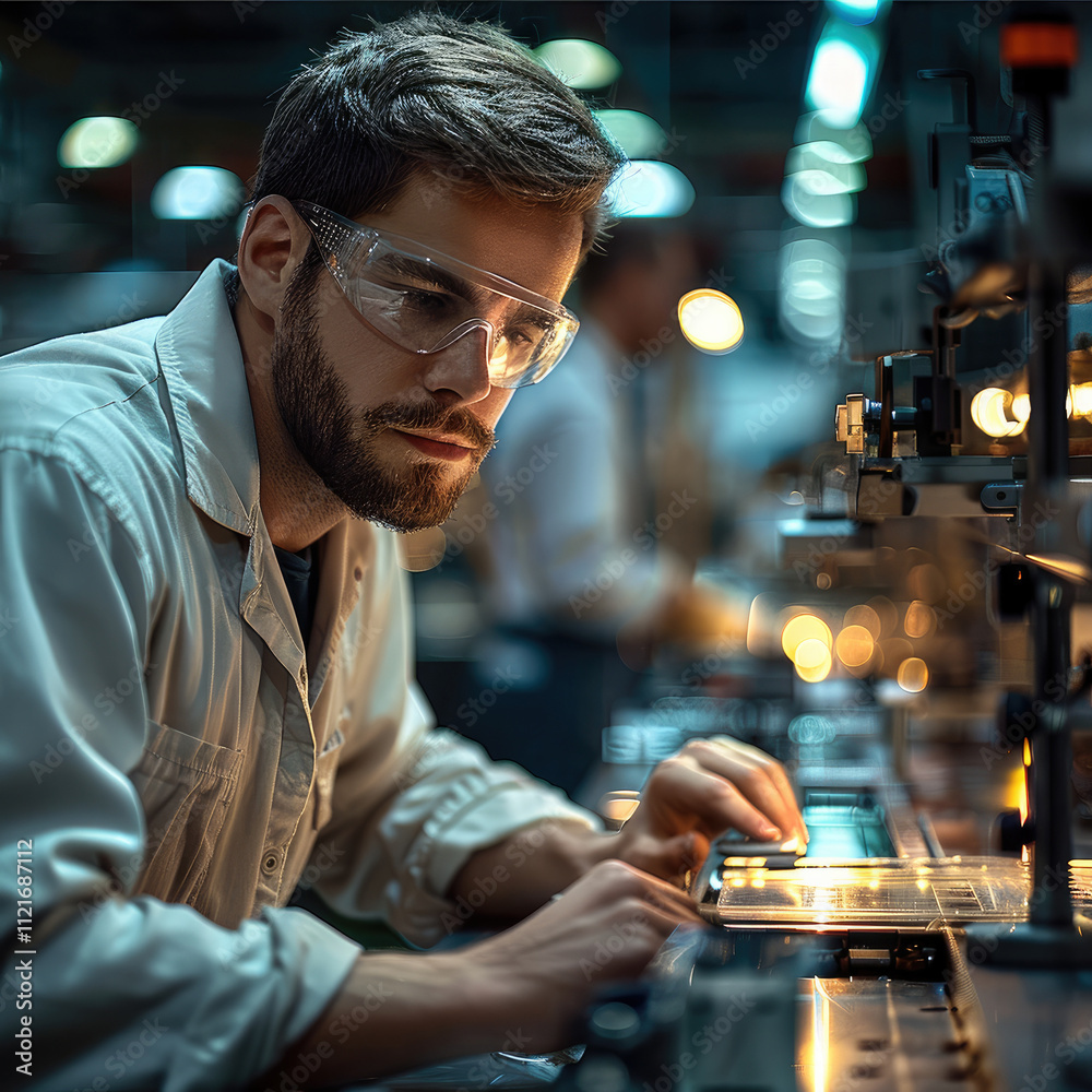 Poster a focused worker in a factory, diligently working on assembling or crafting a product, with a look o