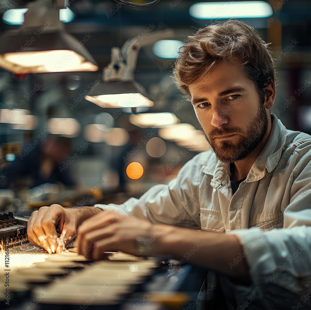 Aufkleber A focused worker in a factory, diligently working on assembling or crafting a product, with a look of quiet determination.