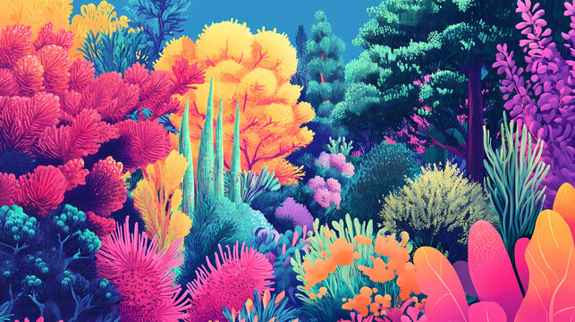 Stunning arboreal view with flourishing shrubbery and vibrant foliage in a thriving ecosystem. Arcadia. Illustration