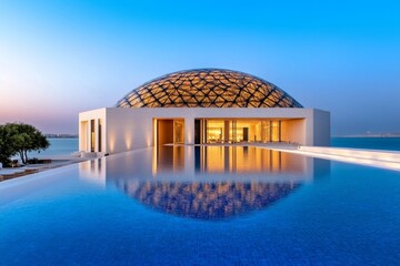 A photo of an evening light show at the Louvre Abu Dhabi, with its geometric dome and stunning reflections on the surrounding water