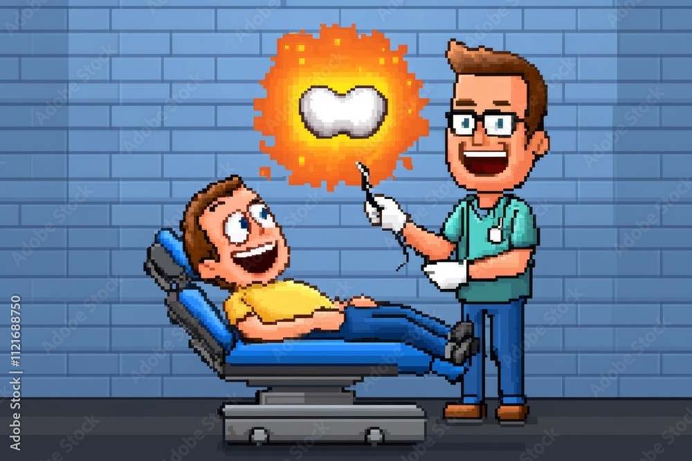Poster a pixel art dentist treating a smiling patient, with tiny animated tools and a glowing white tooth d