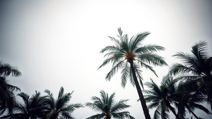 A single palm tree stands tall with its leafy branches stretching up towards the sky creating intricate patterns of shadow and light, nature scenery, tropical landscape, palm tree silhouette
