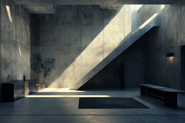 An abstract brutalist interior with exposed raw concrete walls, minimalist furnishings, and dramatic lighting, emphasizing the bold, industrial aesthetic of brutalist architecture, art, and design wit