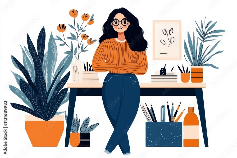 Poster a playful 2d illustration of a creative studio, with a designer surrounded by tools, sketches, and v