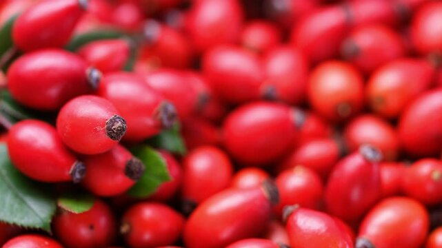 Close up panoramic view of rosehip berries. Rosa Canina berries. Dog rose plant. Red forest berries. Wild berries. Aramotherapeutic plants. Selective facus. 4k video 
