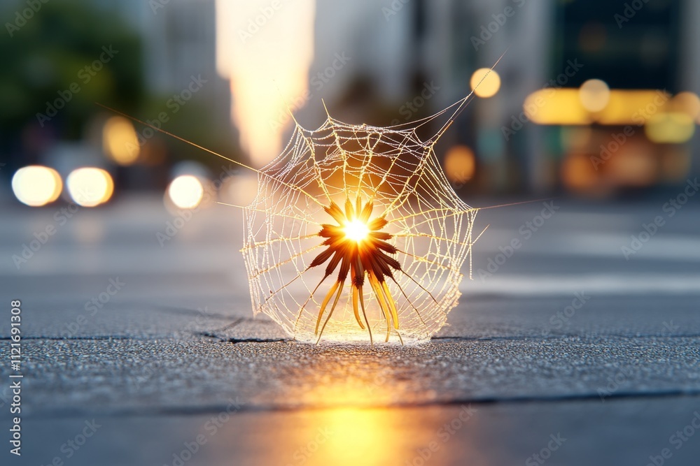 Poster a serene image of a dandelion puff with seeds tangled in spider silk, glowing softly in early mornin