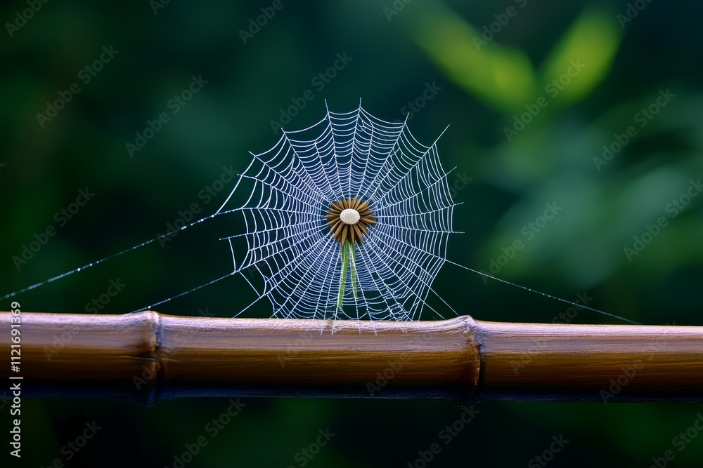 Poster a serene image of a dandelion puff with seeds tangled in spider silk, glowing softly in early mornin