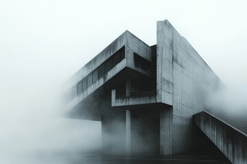 Obraz premium Raw concrete.Brutalist architecture.Brutalism art.Brutalist design.An atmospheric illustration of a brutalist structure shrouded in mist or fog, emphasizing the building's dramatic lines