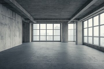 An empty room designed in a brutalist style, featuring minimalistic raw concrete walls, clean lines, and large windows that flood the space with natural light, embodying the essence of brutalist archi