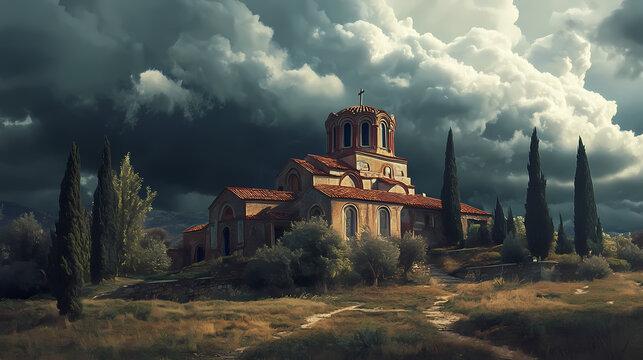 Unique architecture of church of agia foteini in mantineia, greece - a stunning blend of byzantine elements and unconventional design under dramatic dark cloud skies. Arcadia. Illustration