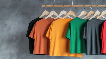Obraz premium A vibrant display of colorful T-shirts hanging on wooden hangers against a grey background, perfect for fashion and retail themes.
