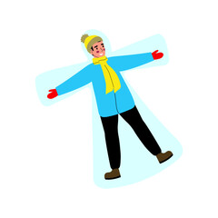 A young guy makes a snow angel. Man spends time at winter activities. Cartoon flat vector illustration