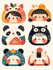 Fototapeta premium Whimsical Children's Book Icons: Bold Line Cartoon Characters