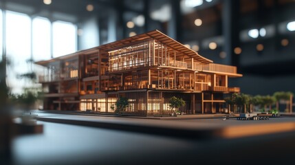 Obraz premium A striking contemporary building features large glass windows and wooden elements, surrounded by greenery. The structure reflects innovative architecture in a vibrant urban environment