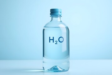 Obraz premium Clear plastic water bottle with h2o label on light blue background