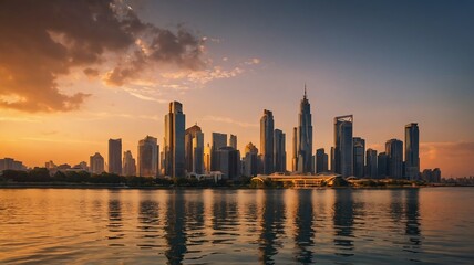 Fototapeta premium Golden Hour Skyline: Urban Oasis at Sunset