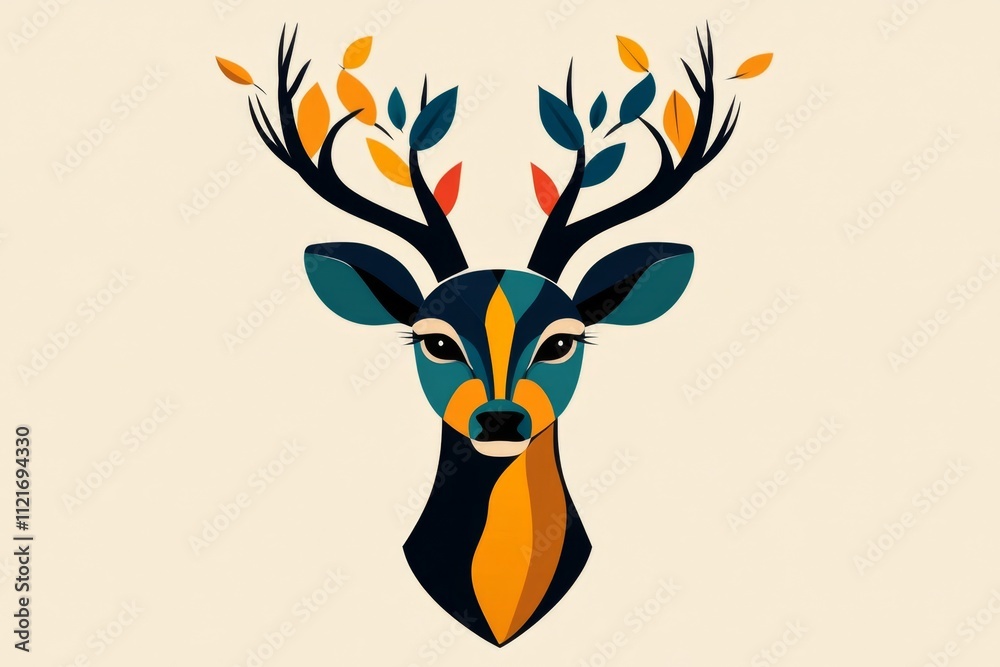 Poster A simple vector design of a deer head, emphasizing its antlers and eyes with sharp lines and muted colors