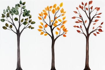 A soft watercolor painting of a tree in four stagesâ€”spring blossoms, summer leaves, autumn colors, and bare winter branches