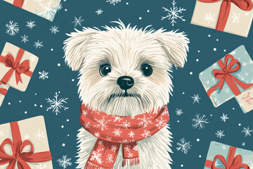 Cute dog in a scarf on a background with Christmas gifts and snowflakes. Winter Pattern. 