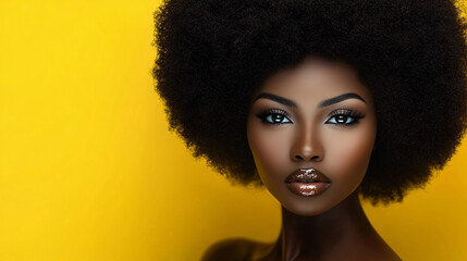 Vibrant portrait of an African woman with an afro hairstyle, perfect for fashion campaigns, cultural events, and promoting diversity in beauty.