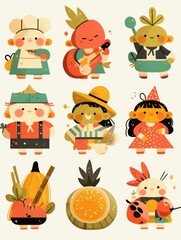 Whimsical Children's Book Icons: Bold Line Cartoon Characters