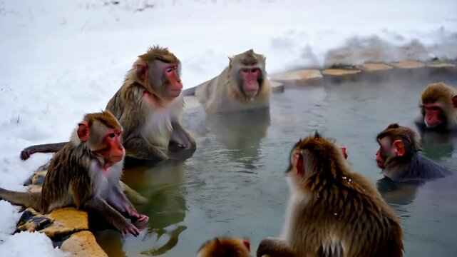 A group of monkeys are sitting in a pool of water