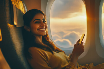 Portrait of a beautiful joyful smiling Indian woman of about 30 years sitting near the porthole on an airplane in his hands with a smartphone