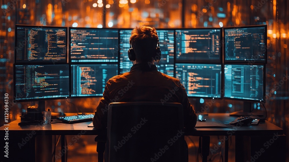 Poster person coding at multiple monitors in a tech environment