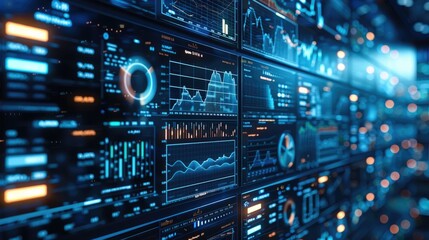 A blue picture of screens monitoring data.