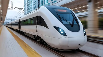 Fototapeta premium Modern High-Speed Train Arriving at City Station, Urban Transportation