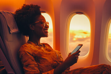 Portrait of a beautiful joyful smiling Afro-American woman of about 30 years sitting near the porthole on an airplane in his hands with a smartphone