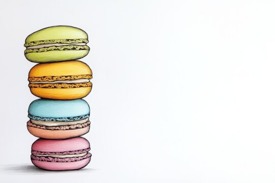 A whimsical 2D drawing of a stack of macarons in pastel tones, illustrated with soft, playful details on a white canvas