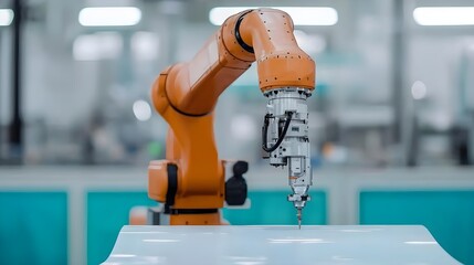 Orange Industrial Robot Arm Precisely Working on White Surface in Modern Factory