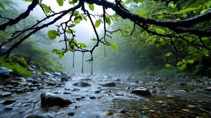 Naklejka premium Rain Drops on Branch Over Misty Stream, Nature Scene
